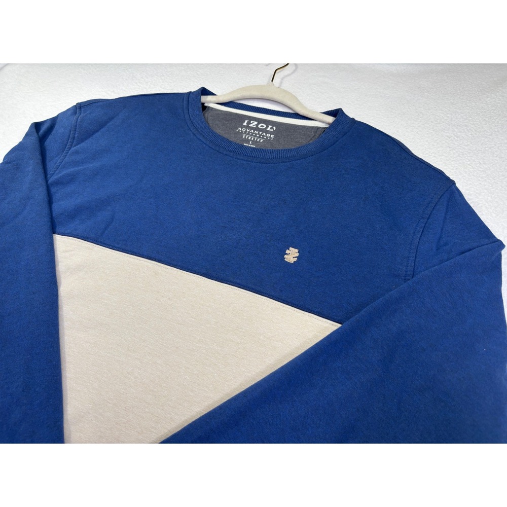 IZOD Advantage Performance Mens Large Blue Tan Colorblock Stretch Sweatshirt